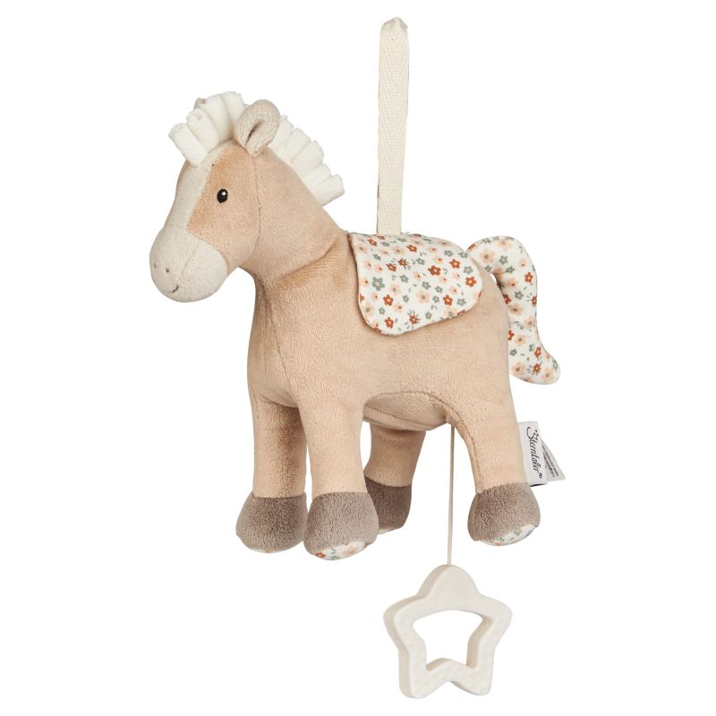 Plüschpferd mit geblümten Flügeln und Zugband, das in einem sternförmigen Ring endet.