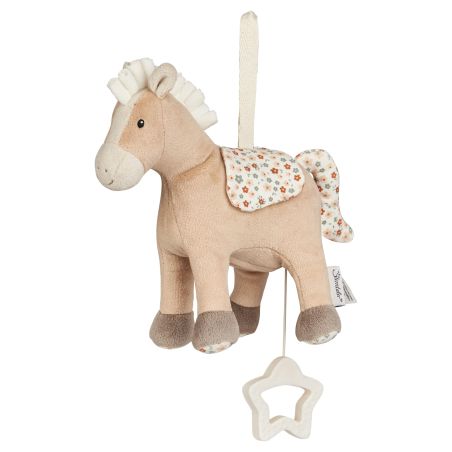 Plüschpferd mit geblümten Flügeln und Zugband, das in einem sternförmigen Ring endet.