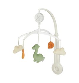 Weißes Babymobil mit grünem Plüschdinosaurier, Wolken, Blättern und einer orangefarbenen Form an gebogenen Armen.