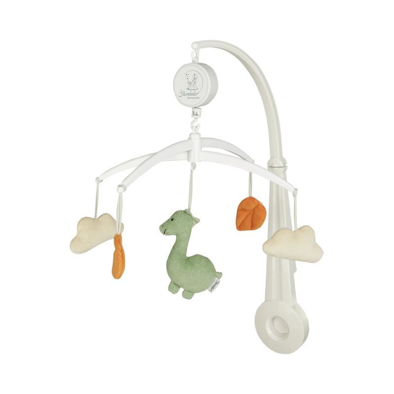 Weißes Babymobil mit grünem Plüschdinosaurier, Wolken, Blättern und einer orangefarbenen Form an gebogenen Armen.