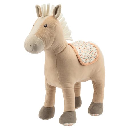 Plüsch Pferd in Beige mit gemustertem Sattel und Hufen, steht aufrecht auf vier Beinen.