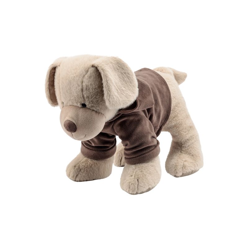 Beiges Plüschhundespielzeug mit braunem Pullover steht auf vier Beinen vor weißem Hintergrund.