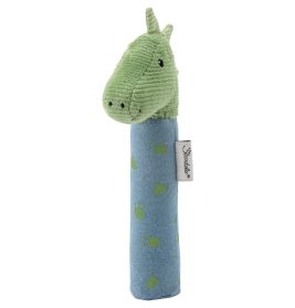 Weiches Grünes Dinosaurier-Kopfrassel mit blauem, grün gepunktetem Griff für Babys.