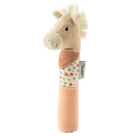 Plüsch-Pferde-Rassel mit Blumenlätzchen und weicher, cremefarbener Mähne, für Babys geeignet.