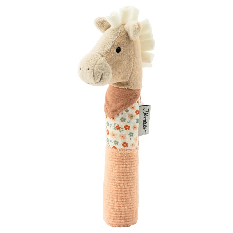 Plüsch-Pferde-Rassel mit Blumenlätzchen und weicher, cremefarbener Mähne, für Babys geeignet.