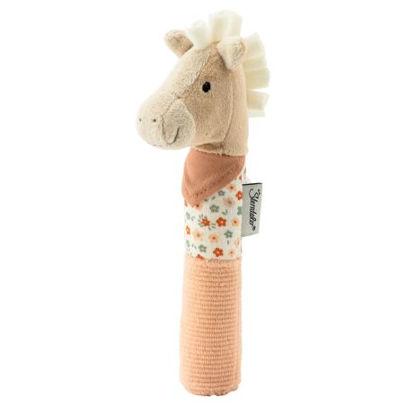 Plüsch-Pferde-Rassel mit Blumenlätzchen und weicher, cremefarbener Mähne, für Babys geeignet.