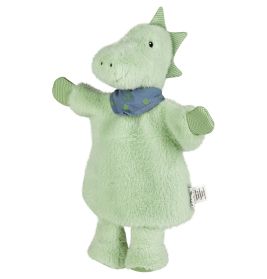 Hellgrünes Plüsch-Dinosaurier-Spielzeug mit blauem, gepunktetem Schal, steht aufrecht mit ausgestreckten Armen.