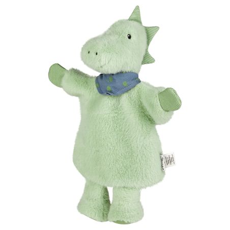 Hellgrünes Plüsch-Dinosaurier-Spielzeug mit blauem, gepunktetem Schal, steht aufrecht mit ausgestreckten Armen.