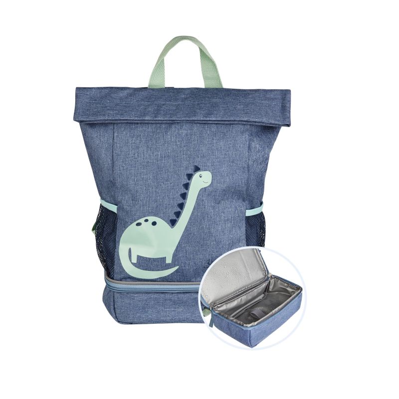 Blauer Rucksack mit Dinosaurier-Design und einer Abbildung des isolierten Fachs für das Mittagessen.