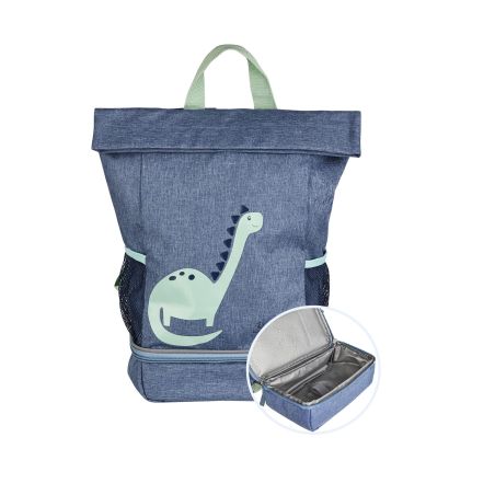 Blauer Rucksack mit Dinosaurier-Design und einer Abbildung des isolierten Fachs für das Mittagessen.