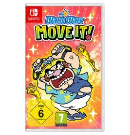 Nintendo Switch WarioWare: Move It! Cover mit tanzendem Wario vor buntem, strahlenförmigem Hintergrund.