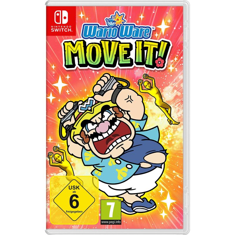 Nintendo Switch WarioWare: Move It! Cover mit tanzendem Wario vor buntem, strahlenförmigem Hintergrund.