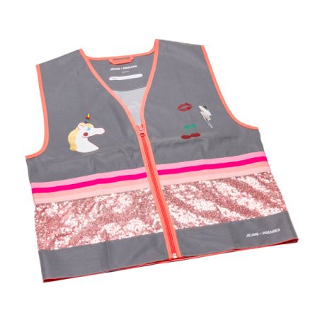 Graue Weste mit orangem Rand, pinkem Paillettenstreifen, Einhorn- und Vogelmotiv sowie Frontreißverschluss.