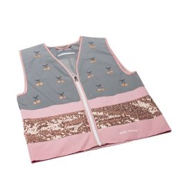 Graue und rosa Weste mit Kirschmuster und rosa Pailletten auf weißem Hintergrund.