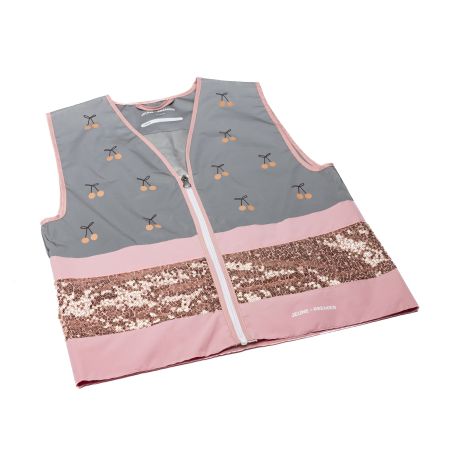 Graue und rosa Weste mit Kirschmuster und rosa Pailletten auf weißem Hintergrund.