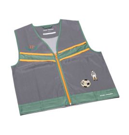 Graue Weste mit grünem Saum, orangen Streifen, Zebra- und Fußball-Motiv sowie den Initialen JP auf der Brust.