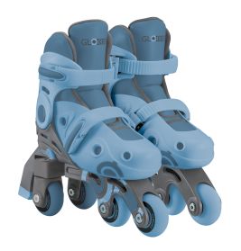 Kinder-Inlineskates in Blau und Grau mit Verschlussriemen.