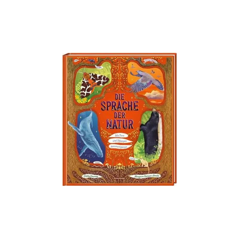 Buchcover mit Tieren und dem Titel DIE SPRACHE DER NATUR auf orangem Hintergrund. Buchcover mit Tieren und dem Titel DIE SPRACHE DER NATUR auf orangem Hintergrund.