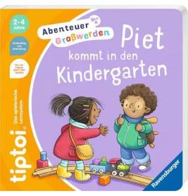 Buchcover: Zwei Kinder mit Rucksäcken spielen mit Bauklötzen. Text: Piet kommt in den Kindergarten.