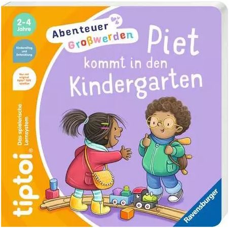 Buchcover: Zwei Kinder mit Rucksäcken spielen mit Bauklötzen. Text: Piet kommt in den Kindergarten.