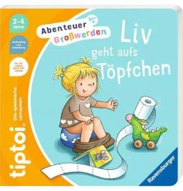 Mädchen sitzt mit Spielzeug-Dinosaurier auf dem Töpfchen, Cover eines deutschen Kinderbuchs.