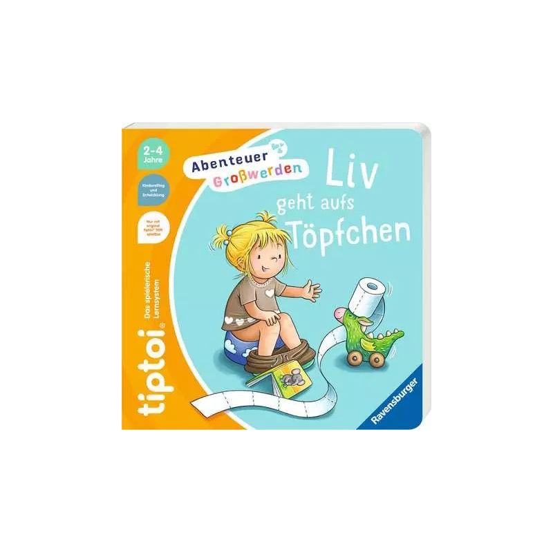 Mädchen sitzt mit Spielzeug-Dinosaurier auf dem Töpfchen, Cover eines deutschen Kinderbuchs.