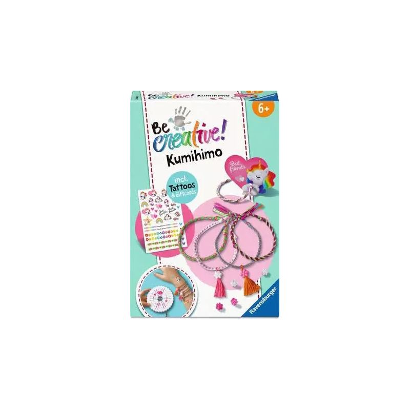 Be Creative Kumihimo-Armbandset mit bunten Armbändern und abgebildeten temporären Tattoos auf der Box. Be Creative Kumihimo-Armbandset mit bunten Armbändern und abgebildeten temporären Tattoos auf der Box.