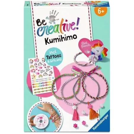 Be Creative Kumihimo-Armbandset mit bunten Armbändern und abgebildeten temporären Tattoos auf der Box.