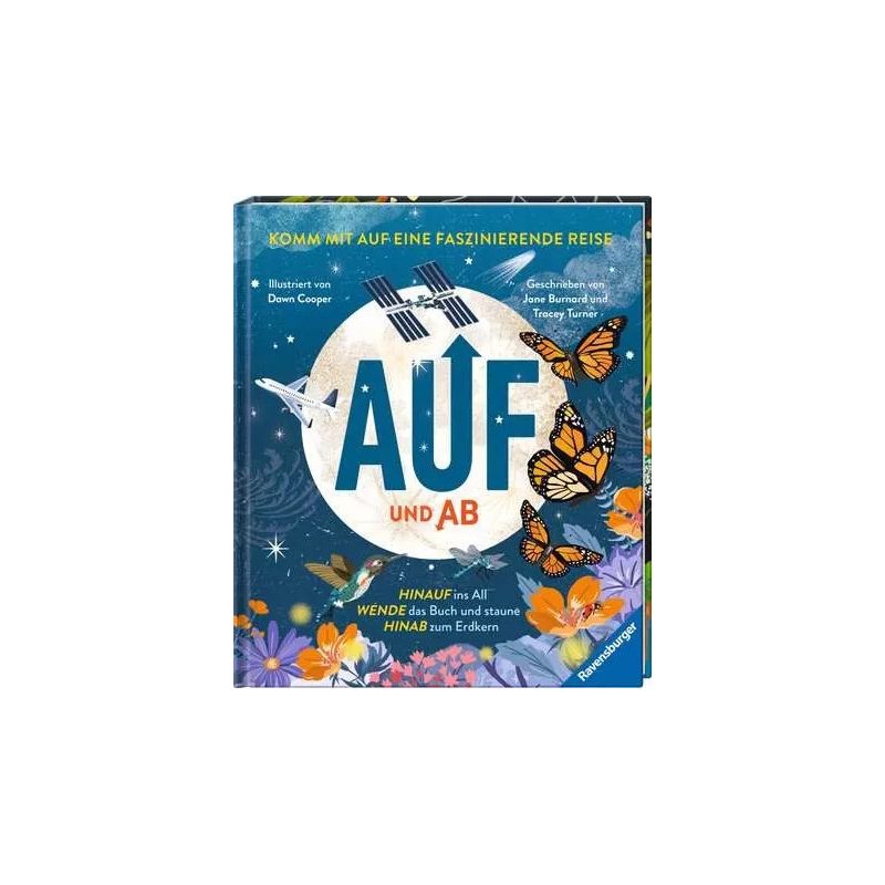 Deutsches Kinderbuchcover: Mond, Schmetterlinge, Blumen, Sterne und Titel AUF UND AB auf blauem Hintergrund.