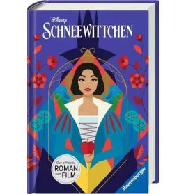 Schneewittchen-Buchcover mit Spiegelbild von Schneewittchen, blauem Hintergrund und floralen Mustern.