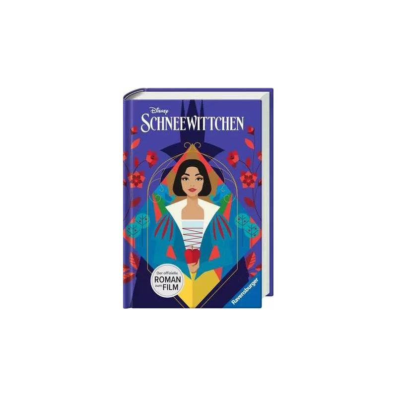 Schneewittchen-Buchcover mit Spiegelbild von Schneewittchen, blauem Hintergrund und floralen Mustern.