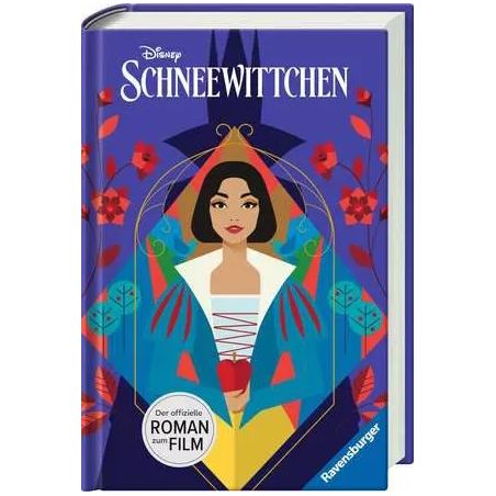 Schneewittchen-Buchcover mit Spiegelbild von Schneewittchen, blauem Hintergrund und floralen Mustern.