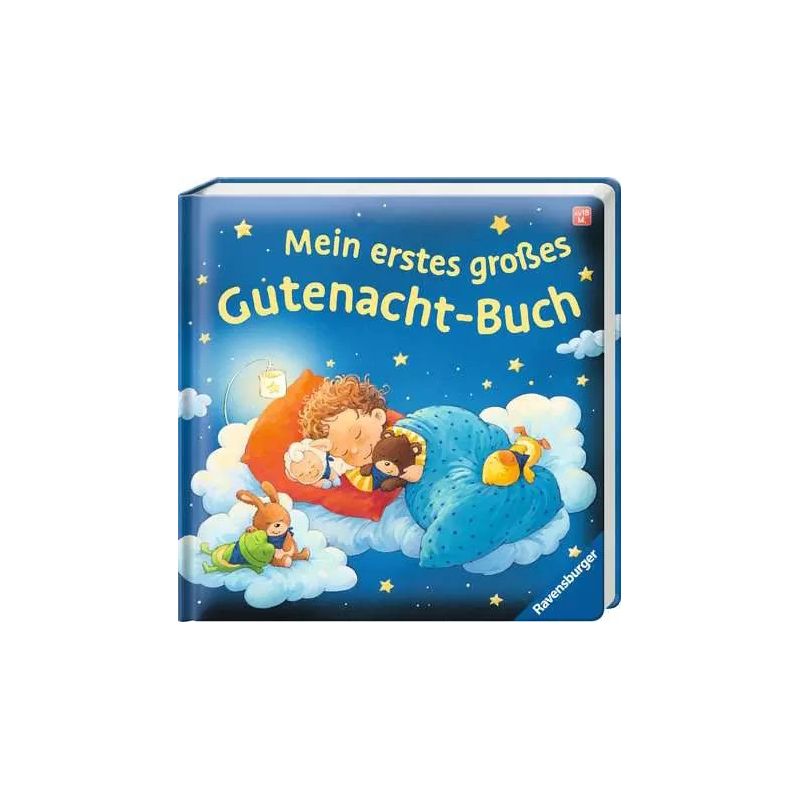 Ein Kinderbuchcover zeigt ein Kind und Tiere, die auf Wolken unter dem Titel Mein erstes großes Gutenacht-Buch schlafen.