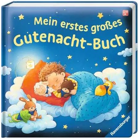 Ein Kinderbuchcover zeigt ein Kind und Tiere, die auf Wolken unter dem Titel Mein erstes großes Gutenacht-Buch schlafen.