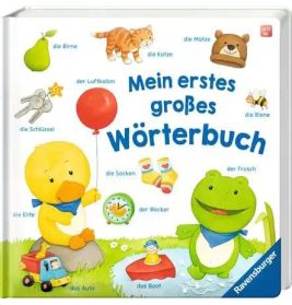 Deutsches Kinderbildwörterbuch: Cover mit gezeichneten Tieren, Spielzeug und beschrifteten Gegenständen.