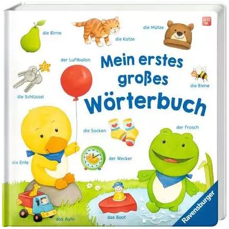 Deutsches Kinderbildwörterbuch: Cover mit gezeichneten Tieren, Spielzeug und beschrifteten Gegenständen.