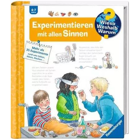 Kinder führen sensorische Experimente auf dem Buchcover Experimentieren mit allen Sinnen durch.