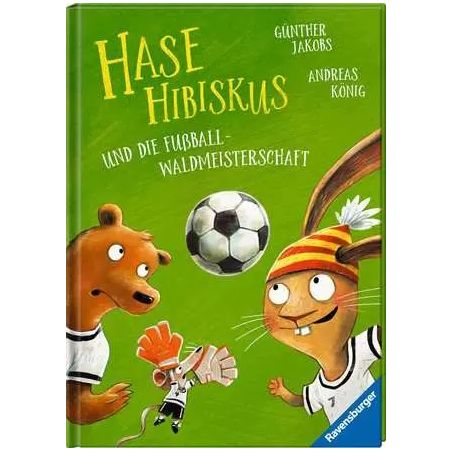 Buchcover mit Illustration: Ein Bär, ein Hase und ein Fußball auf grünem Hintergrund.