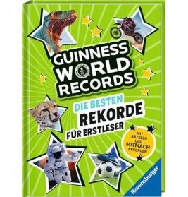 Deutsches Guinness-Buch-Cover: Tiere, Fußball, Roboter und Motorrad auf grünem Hintergrund.