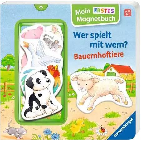 Kinderbuchcover mit gezeichneten Bauernhoftieren und deutschem Text über ein Magnetbuch für Kinder.