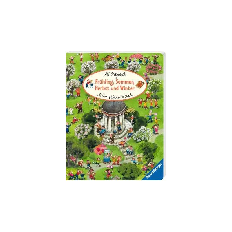 Buchcover: Menschen im Park, Titel Frühling, Sommer, Herbst und Winter. Buchcover: Menschen im Park, Titel Frühling, Sommer, Herbst und Winter.