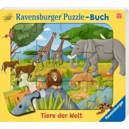Kinder-Puzzlebuch mit Illustrationen von Wildtieren wie Löwen, Giraffen und einem Elefanten auf dem Cover.