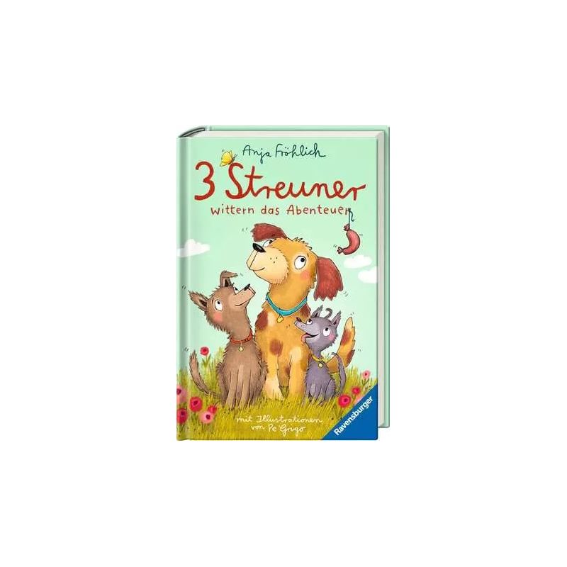 Kinderbuchcover mit drei gezeichneten Hunden und einem Vogel, Titel: 3 Streuner wittern das Abenteuer.