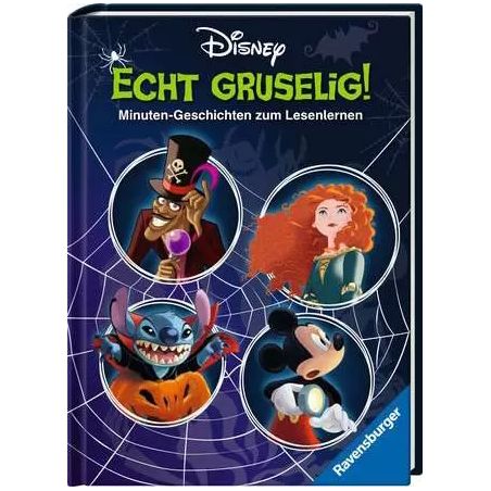 Disney-Buchcover mit Comicfiguren, Spinnennetz und dem deutschen Titel Echt Gruselig!.