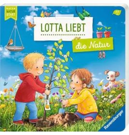 Zwei Kinder pflanzen einen Baum auf einer Wiese, umgeben von Tieren und Spielzeug Buchcover.