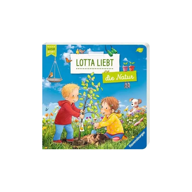 Zwei Kinder pflanzen einen Baum auf einer Wiese, umgeben von Tieren und Spielzeug Buchcover.