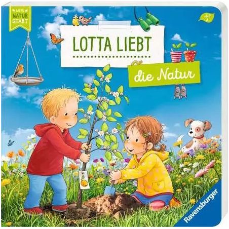 Zwei Kinder pflanzen einen Baum auf einer Wiese, umgeben von Tieren und Spielzeug Buchcover.