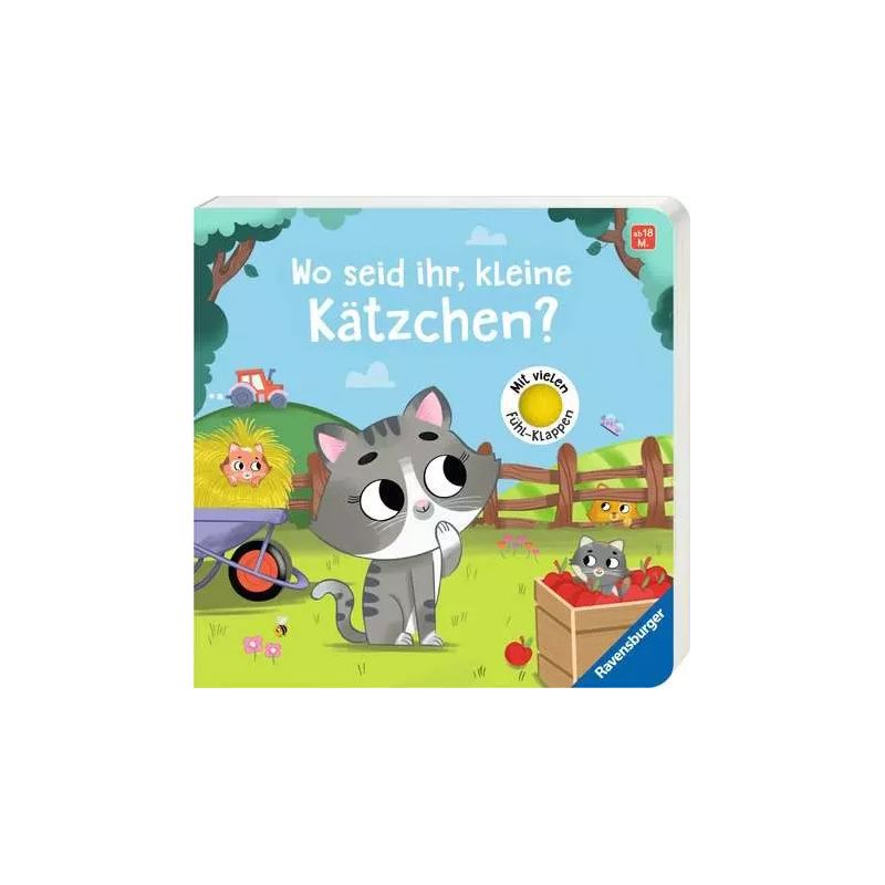 Kindersachbuchcover mit gezeichnetem Kätzchen, Äpfeln und weiteren Katzen im Bauernhof. Deutscher Buchtitel.