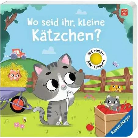 Kindersachbuchcover mit gezeichnetem Kätzchen, Äpfeln und weiteren Katzen im Bauernhof. Deutscher Buchtitel.