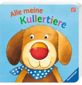 Kinderbuchcover mit gezeichnetem Hund und dem Titel "Alle meine Kullertiere" auf blauem Hintergrund.